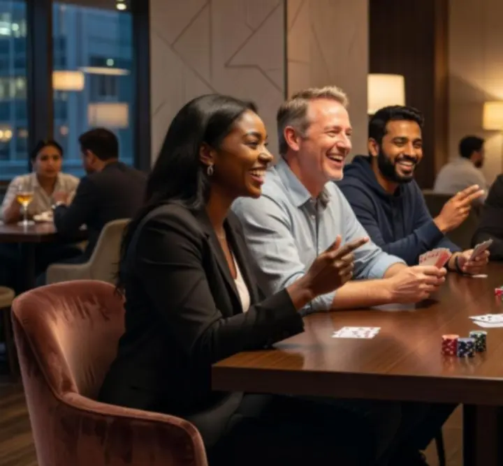 Participants concentrés et souriants lors d'une soirée poker aux Jeux de Paris