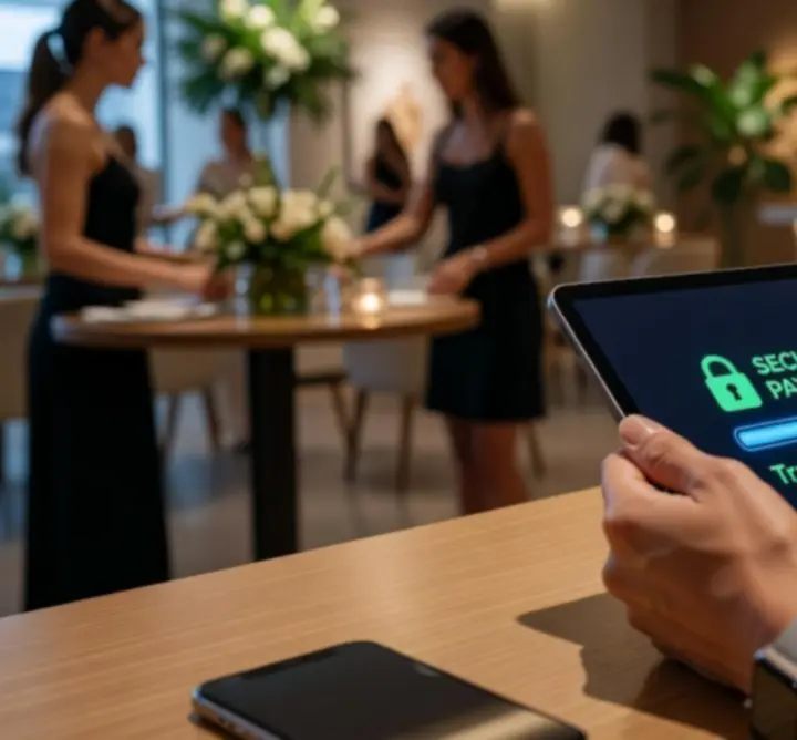 Participants validant une réservation avec un paiement sécurisé pour un événement aux Jeux de Paris