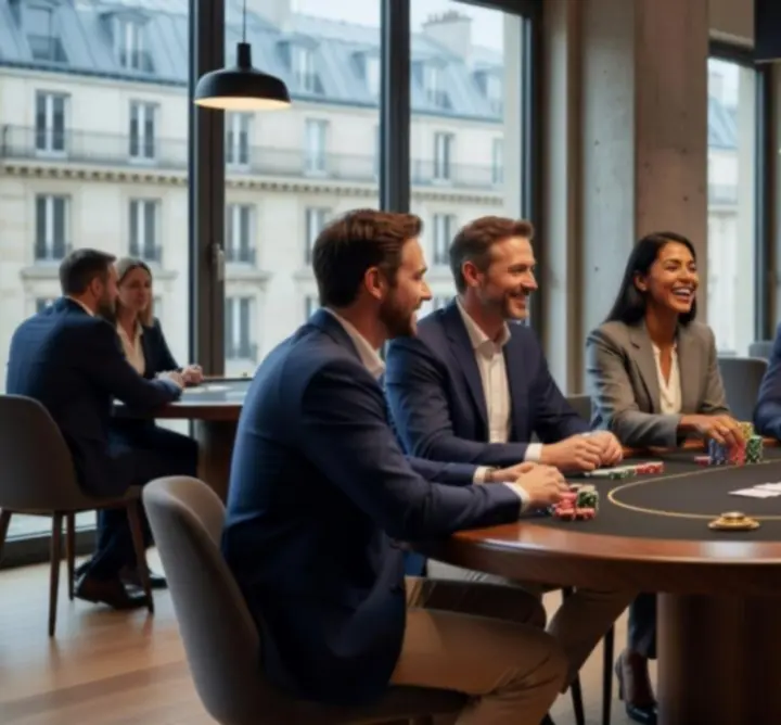 Collègues participant à un team building poker et jeux stratégiques